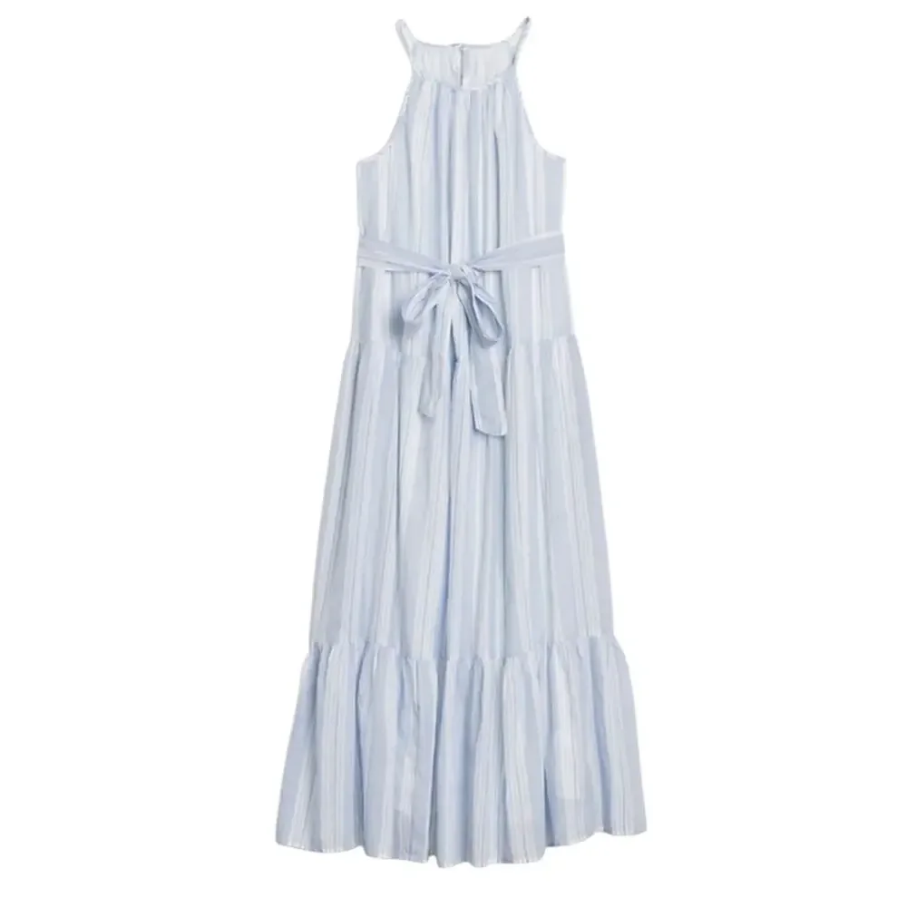 1969 Tiered Halterneck Dress Blue/white Striped Size XS